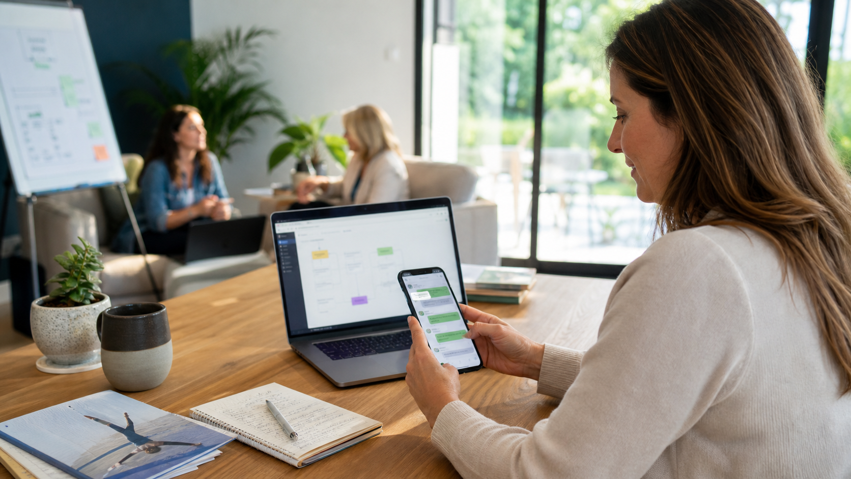Coach pilotant le suivi de ses apprenants par WhatsApp avec un parcours de formation