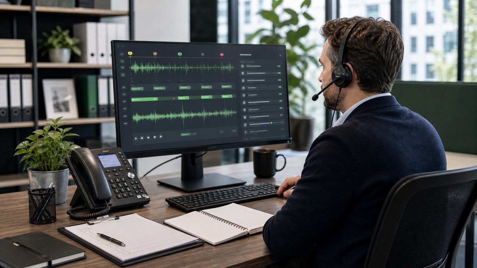 Photo réaliste dédiée à agent vocal entreprise : supervision dans un contexte professionnel avec téléphone, casque audio, ordinateur et supervision humaine.
