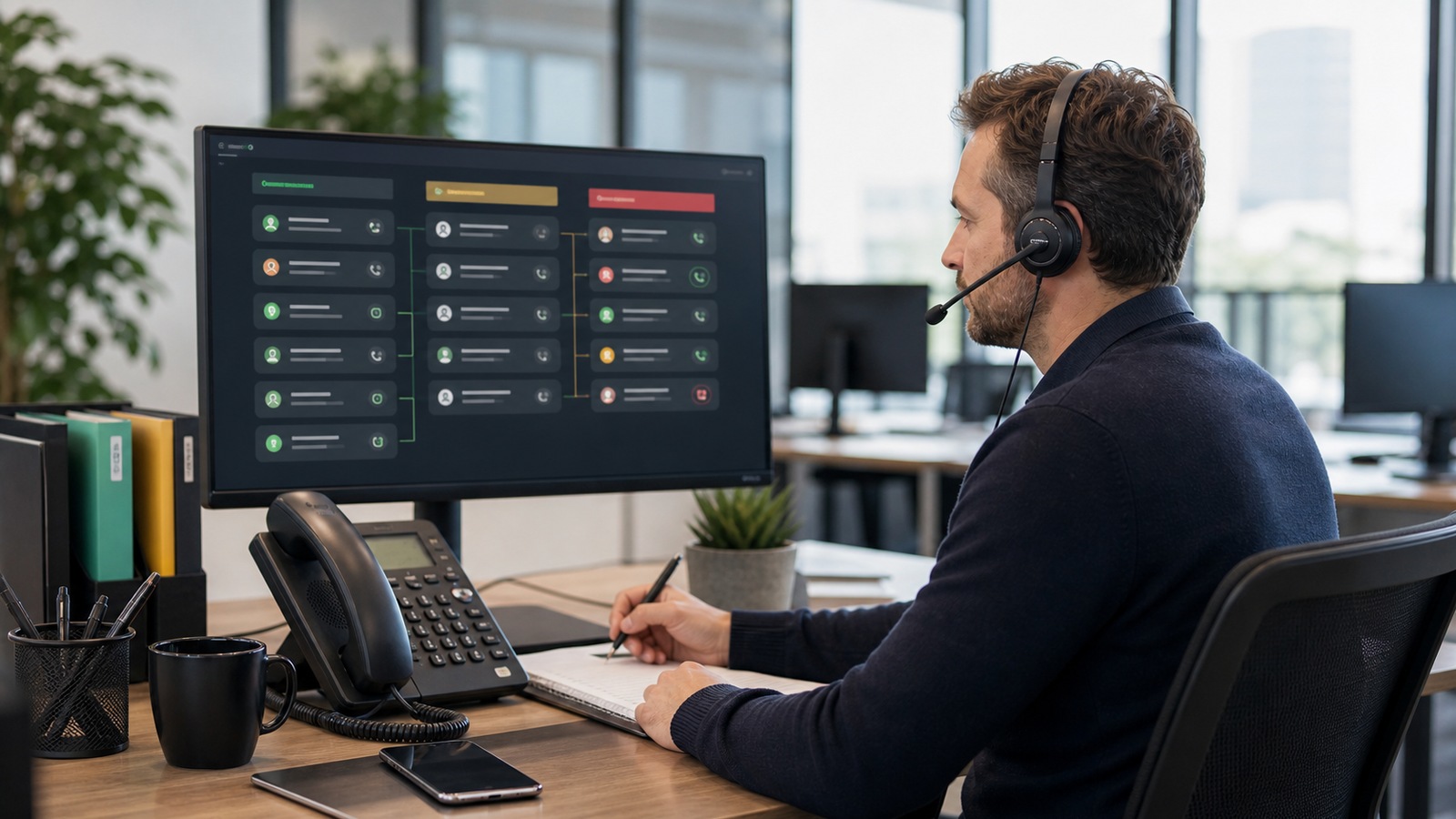 Photo réaliste dédiée à agent vocal ia : appels entrants dans un contexte professionnel avec téléphone, casque audio, ordinateur et supervision humaine.