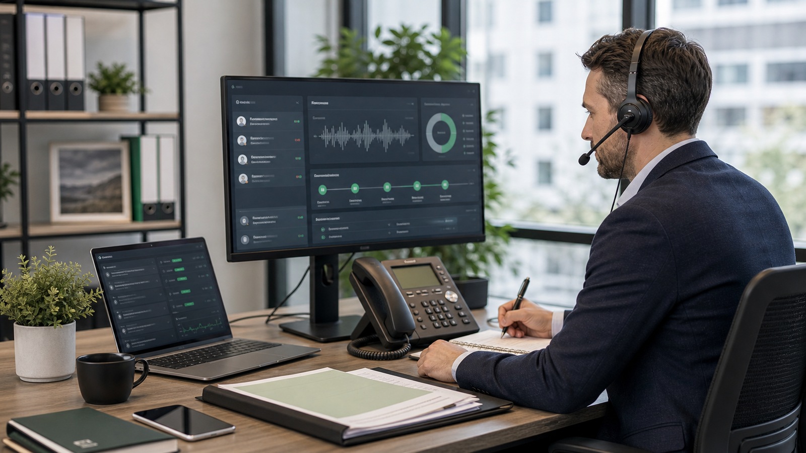 Photo réaliste dédiée à agent vocal ia centre d'appel dans un contexte professionnel avec téléphone, casque audio, ordinateur et supervision humaine.
