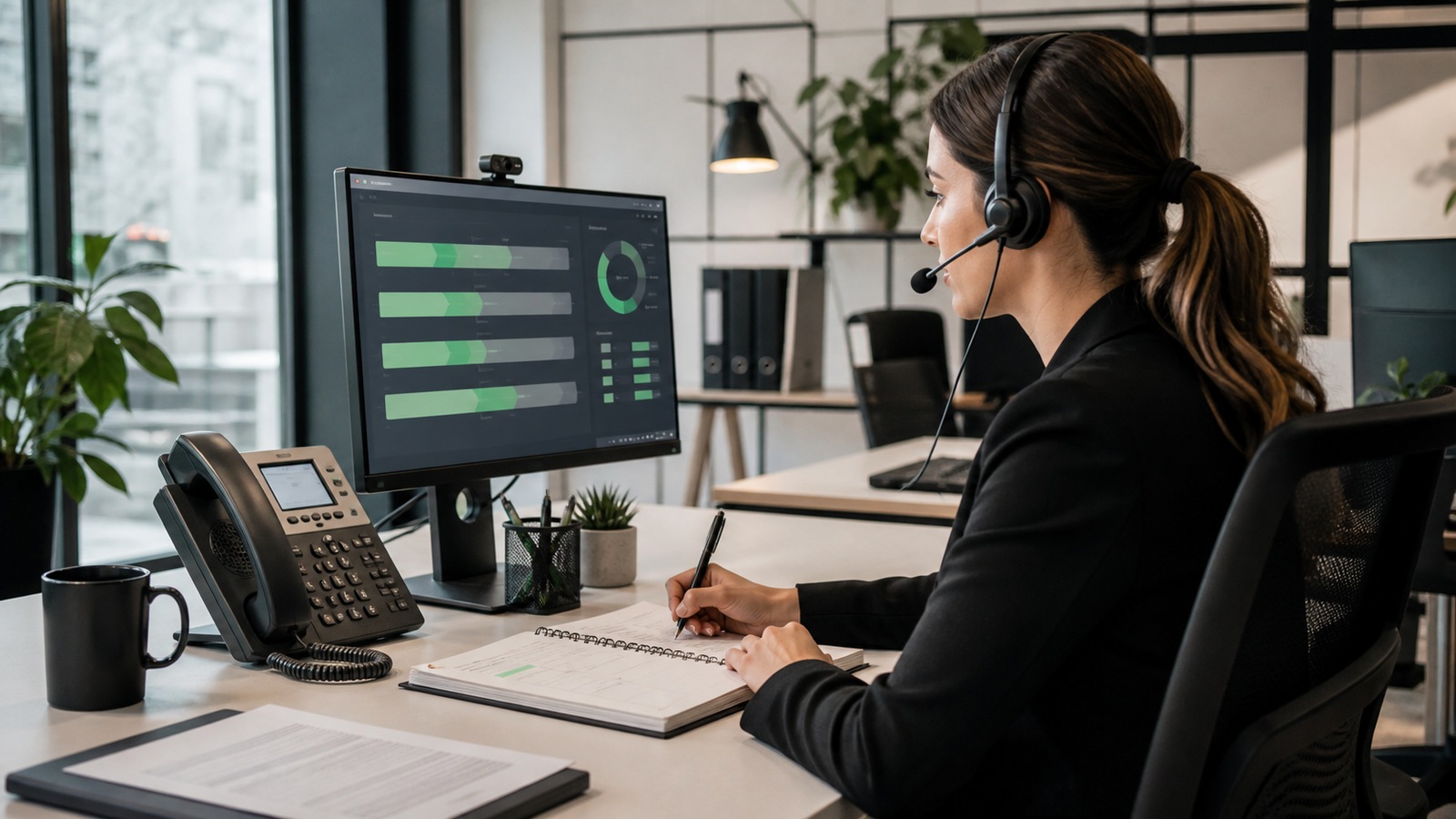 Photo réaliste dédiée à agent vocal ia : crm et rdv dans un contexte professionnel avec téléphone, casque audio, ordinateur et supervision humaine.