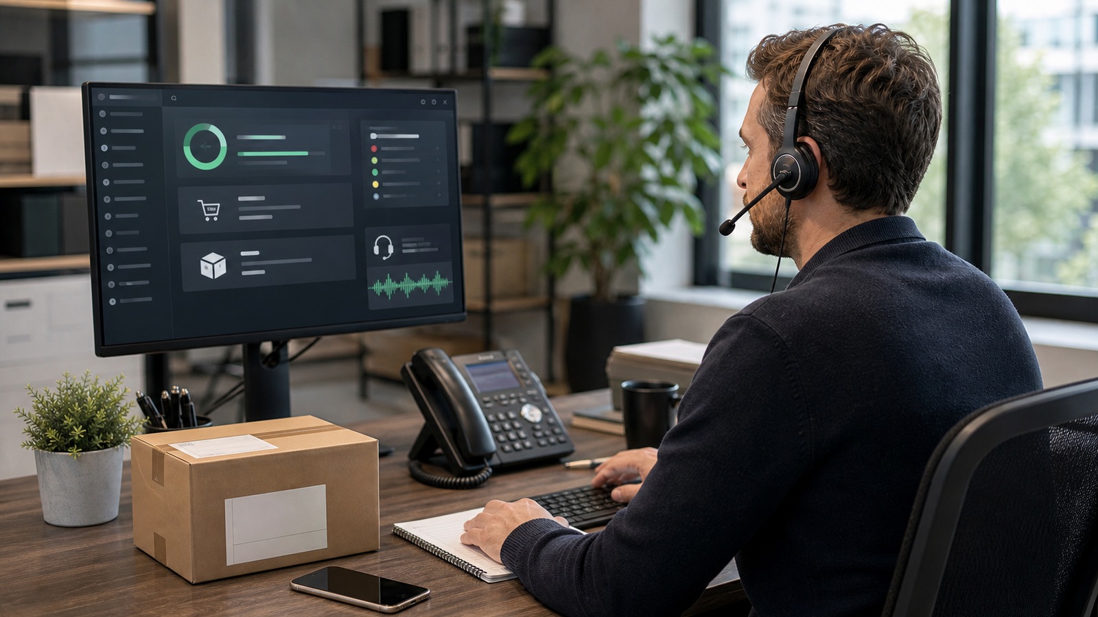 Photo réaliste dédiée à agent vocal ia e-commerce sav dans un contexte professionnel avec téléphone, casque audio, ordinateur et supervision humaine.