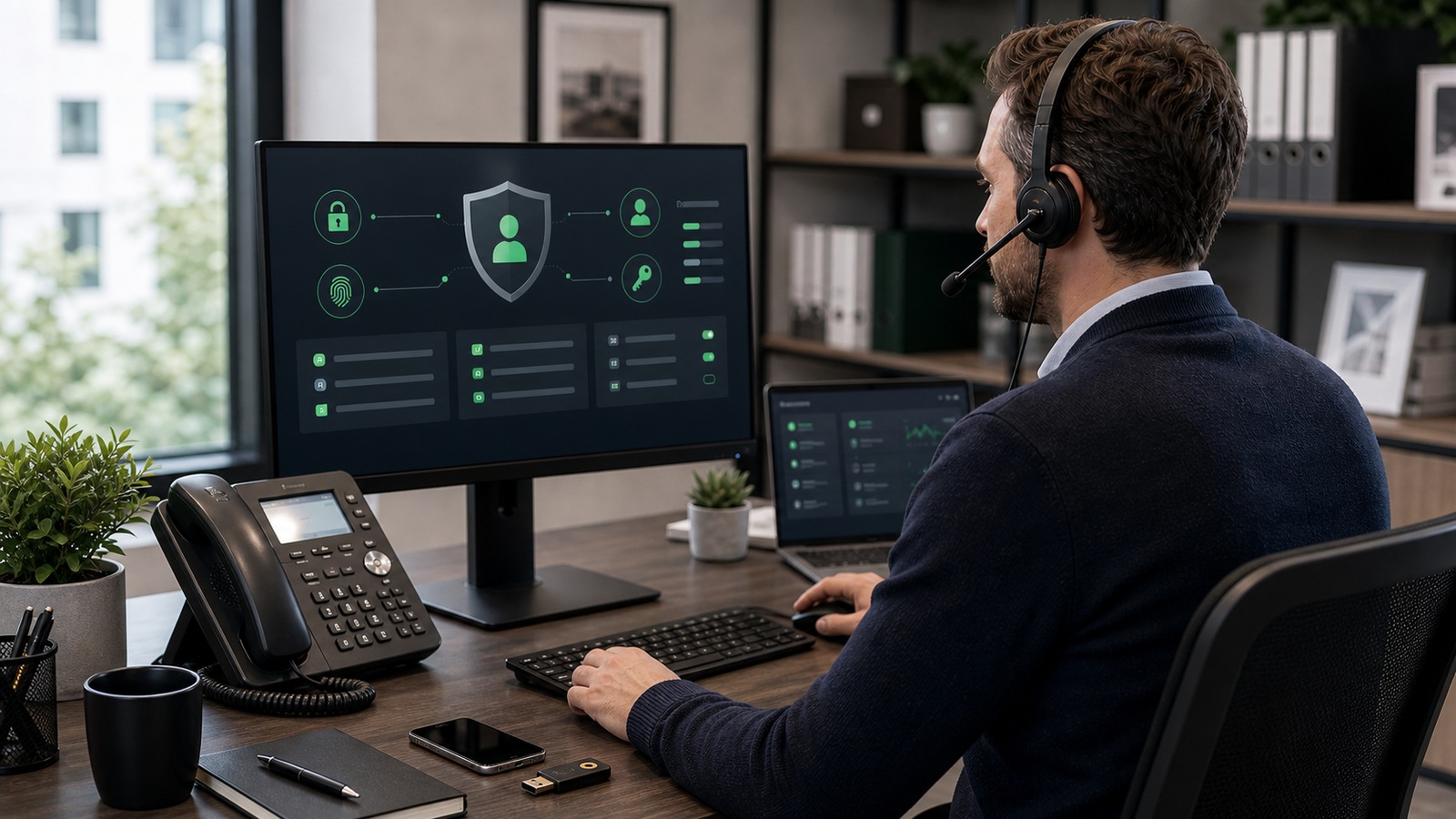 Photo réaliste dédiée à agent vocal ia : sécurité dans un contexte professionnel avec téléphone, casque audio, ordinateur et supervision humaine.