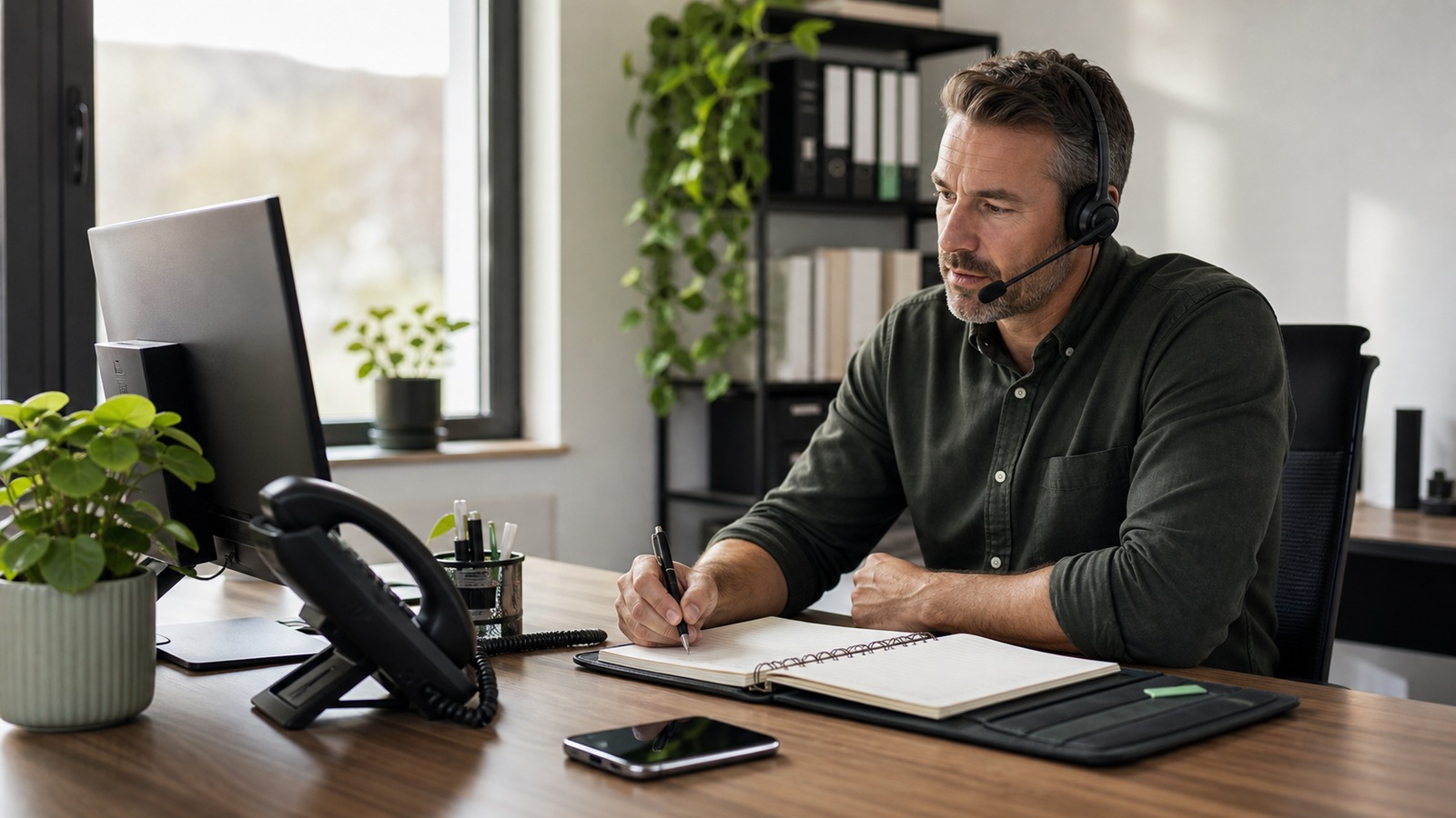 Photo réaliste dédiée à agent vocal pme : guide pratique dans un contexte professionnel avec téléphone, casque audio, ordinateur et supervision humaine.
