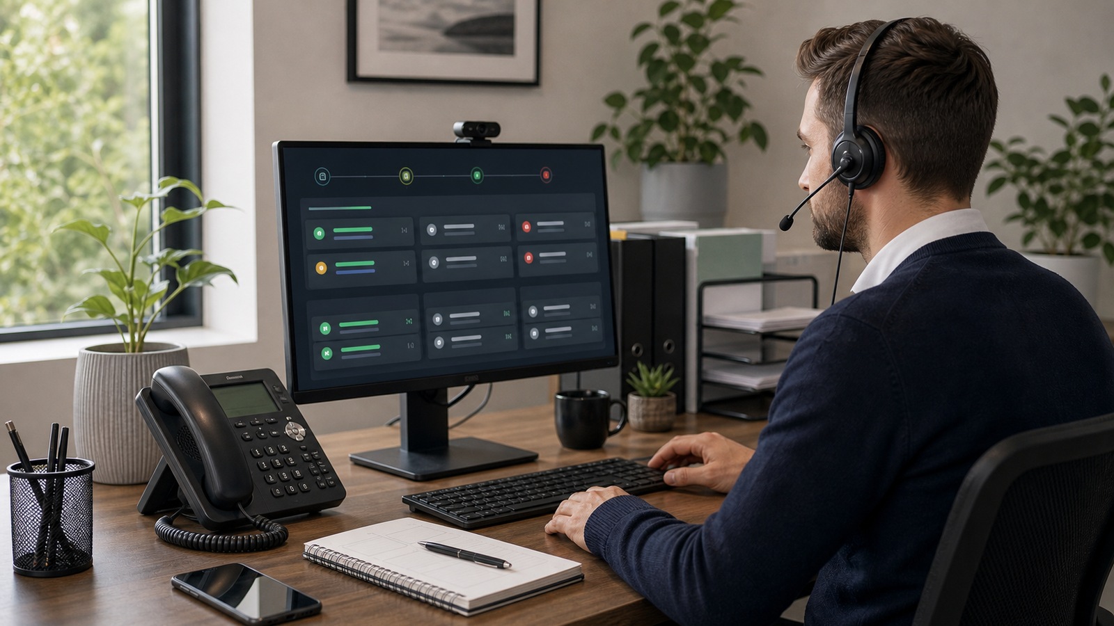 Photo réaliste dédiée à agent vocal pme : standard virtuel dans un contexte professionnel avec téléphone, casque audio, ordinateur et supervision humaine.