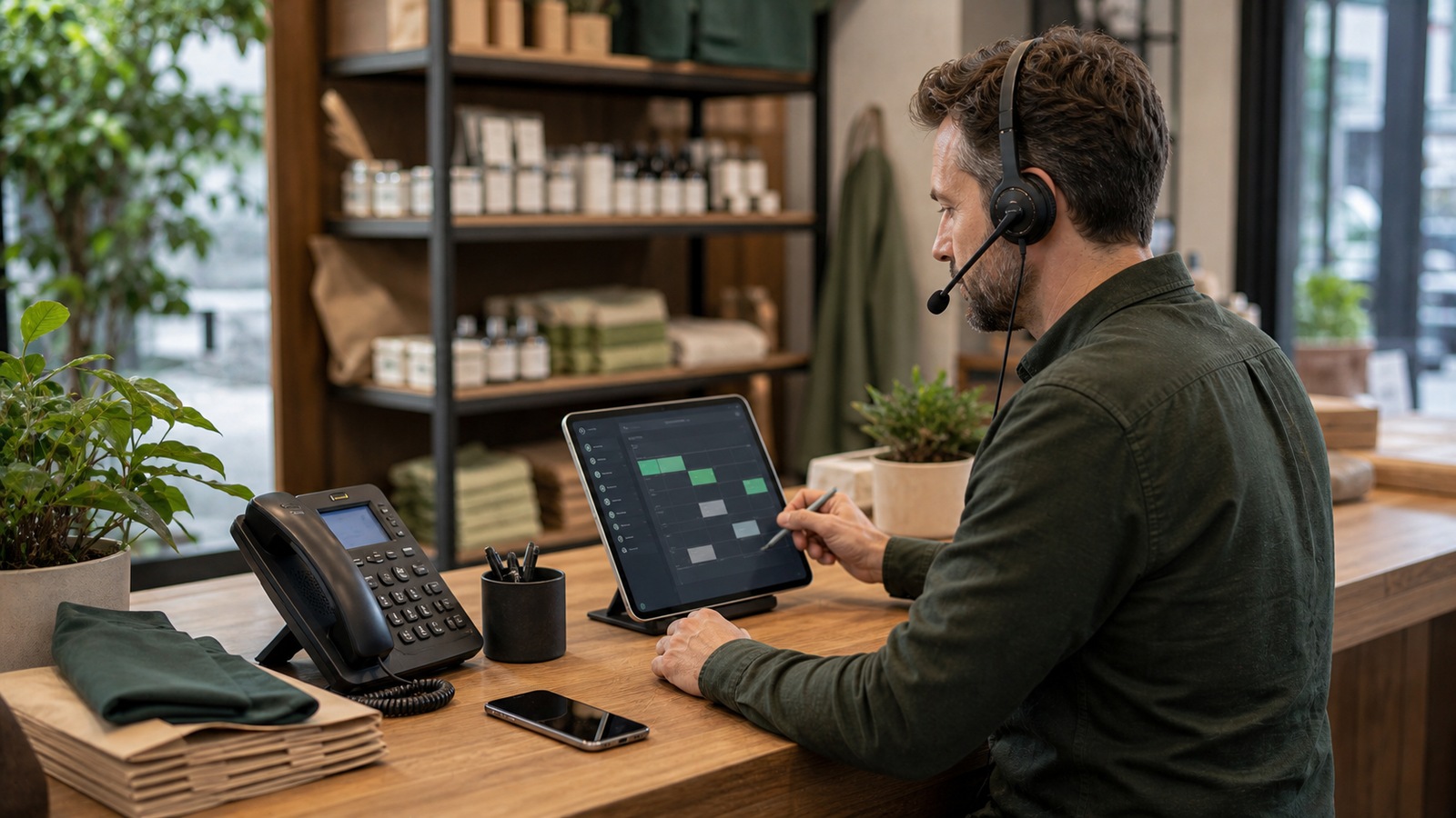 Photo réaliste dédiée à assistant vocal ia commerce local dans un contexte professionnel avec téléphone, casque audio, ordinateur et supervision humaine.