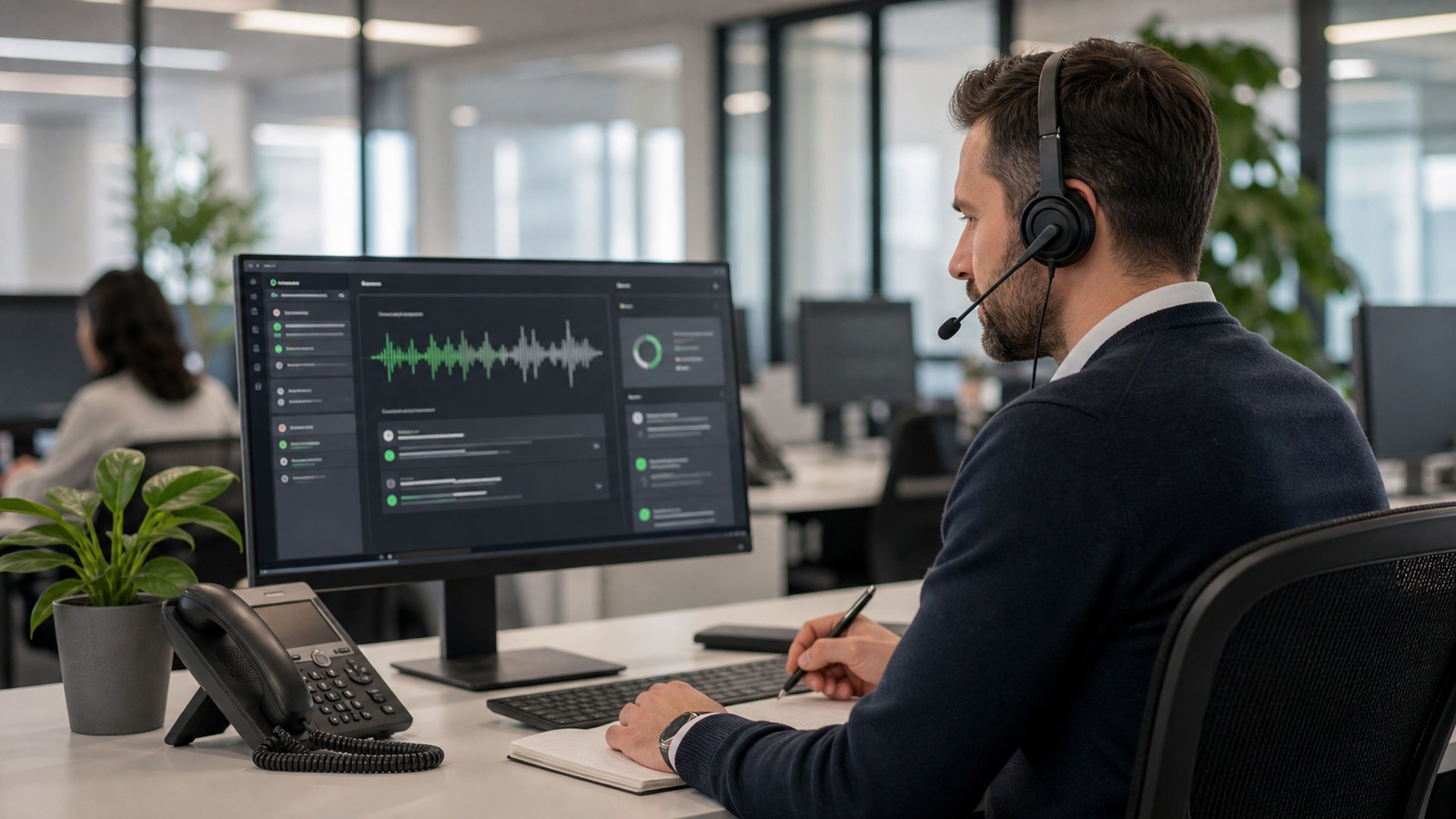 Photo réaliste dédiée à assistant vocal ia : service client dans un contexte professionnel avec téléphone, casque audio, ordinateur et supervision humaine.