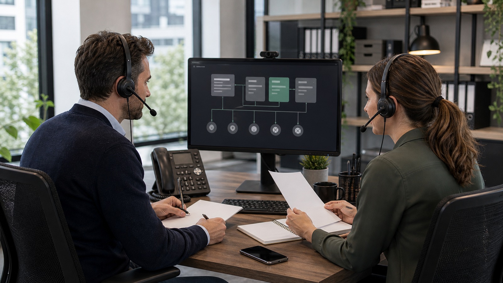 Photo réaliste dédiée à chatbot vocal ia : base de connaissance dans un contexte professionnel avec téléphone, casque audio, ordinateur et supervision humaine.