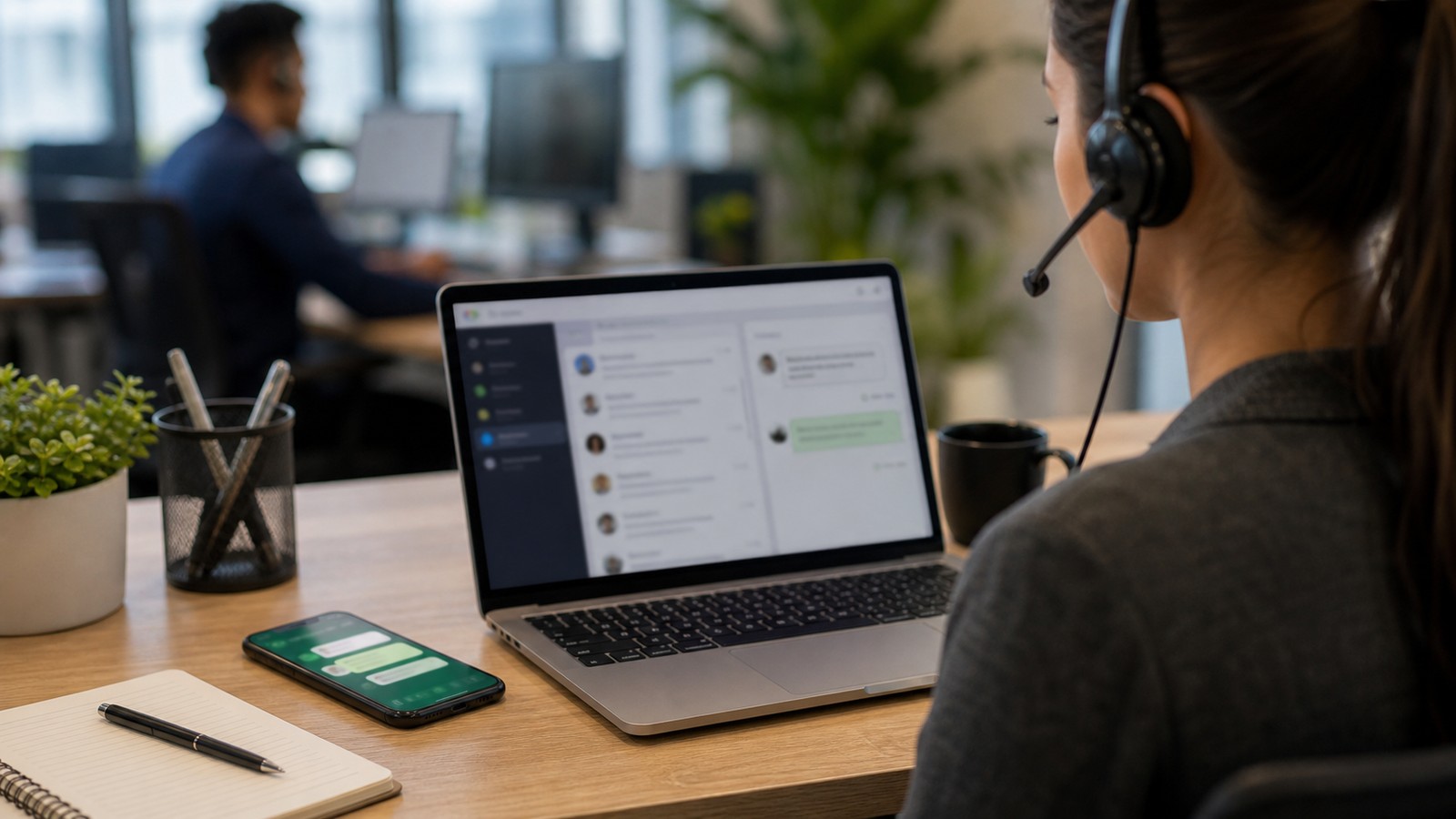 Photo réaliste dédiée à chatbot whatsapp : service client dans un contexte professionnel avec smartphone, ordinateur et équipe opérationnelle.