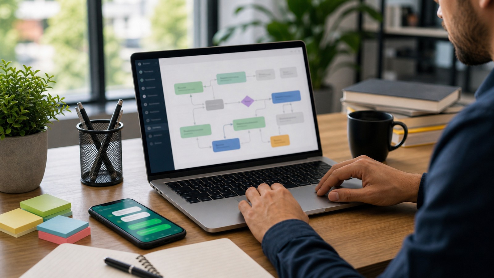 Photo réaliste dédiée à no code whatsapp chatbot : workflows dans un contexte professionnel avec smartphone, ordinateur et équipe opérationnelle.