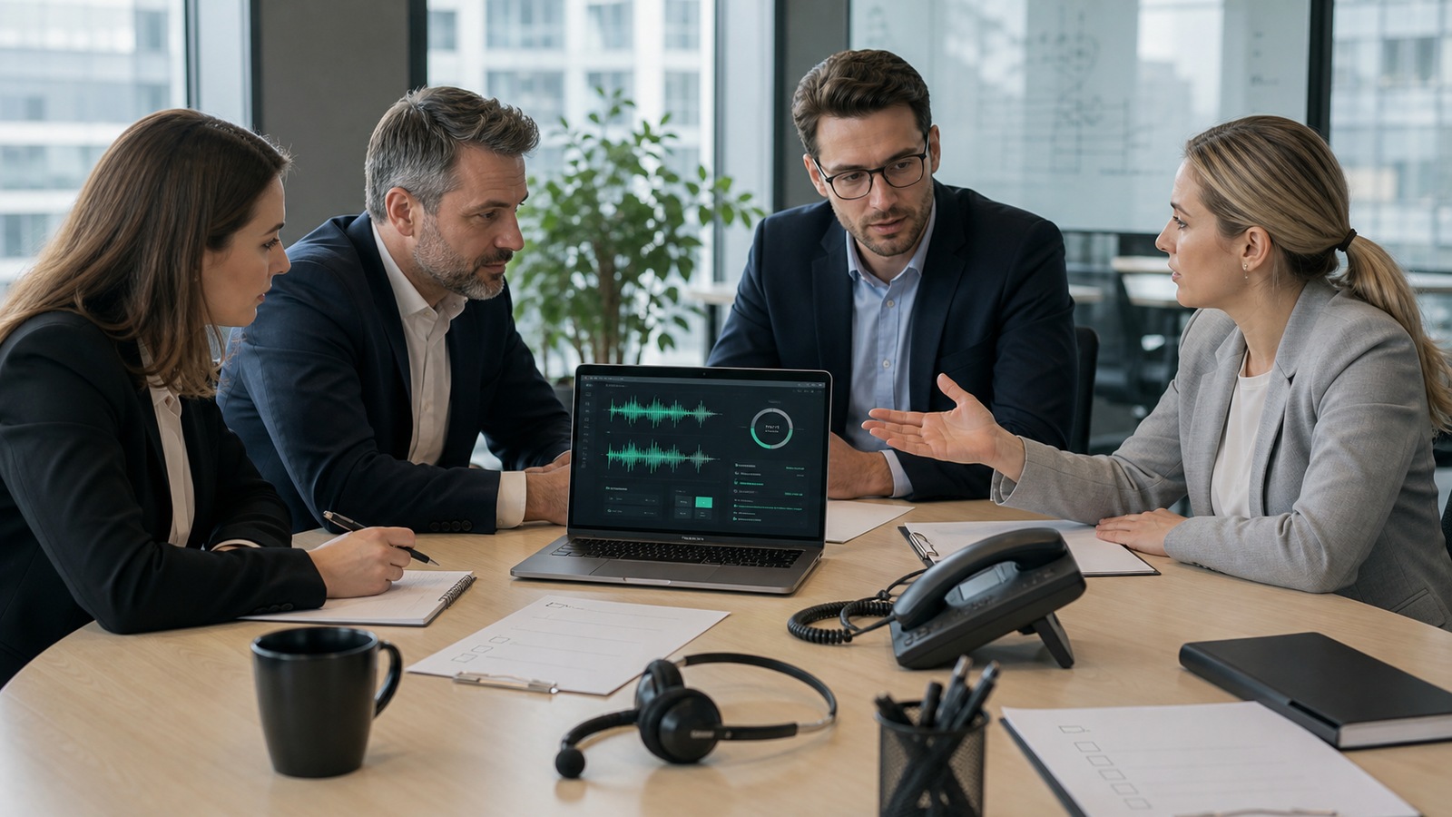 Photo réaliste dédiée à solution agent vocal ia : choisir dans un contexte professionnel avec téléphone, casque audio, ordinateur et supervision humaine.