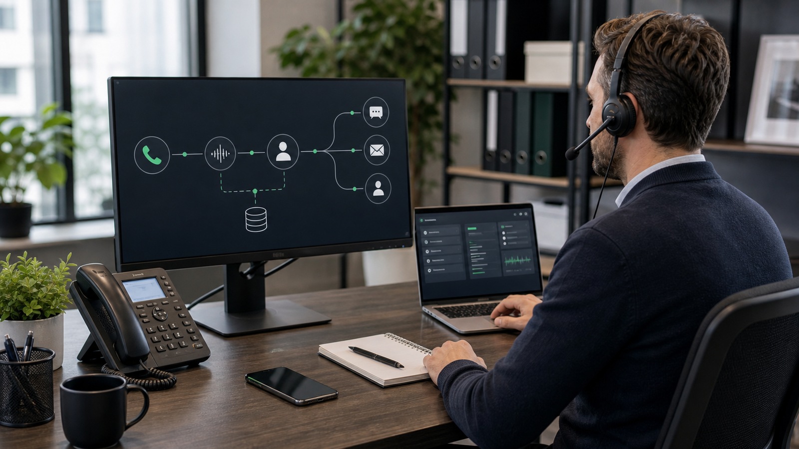 Photo réaliste dédiée à solution agent vocal ia : intégration dans un contexte professionnel avec téléphone, casque audio, ordinateur et supervision humaine.