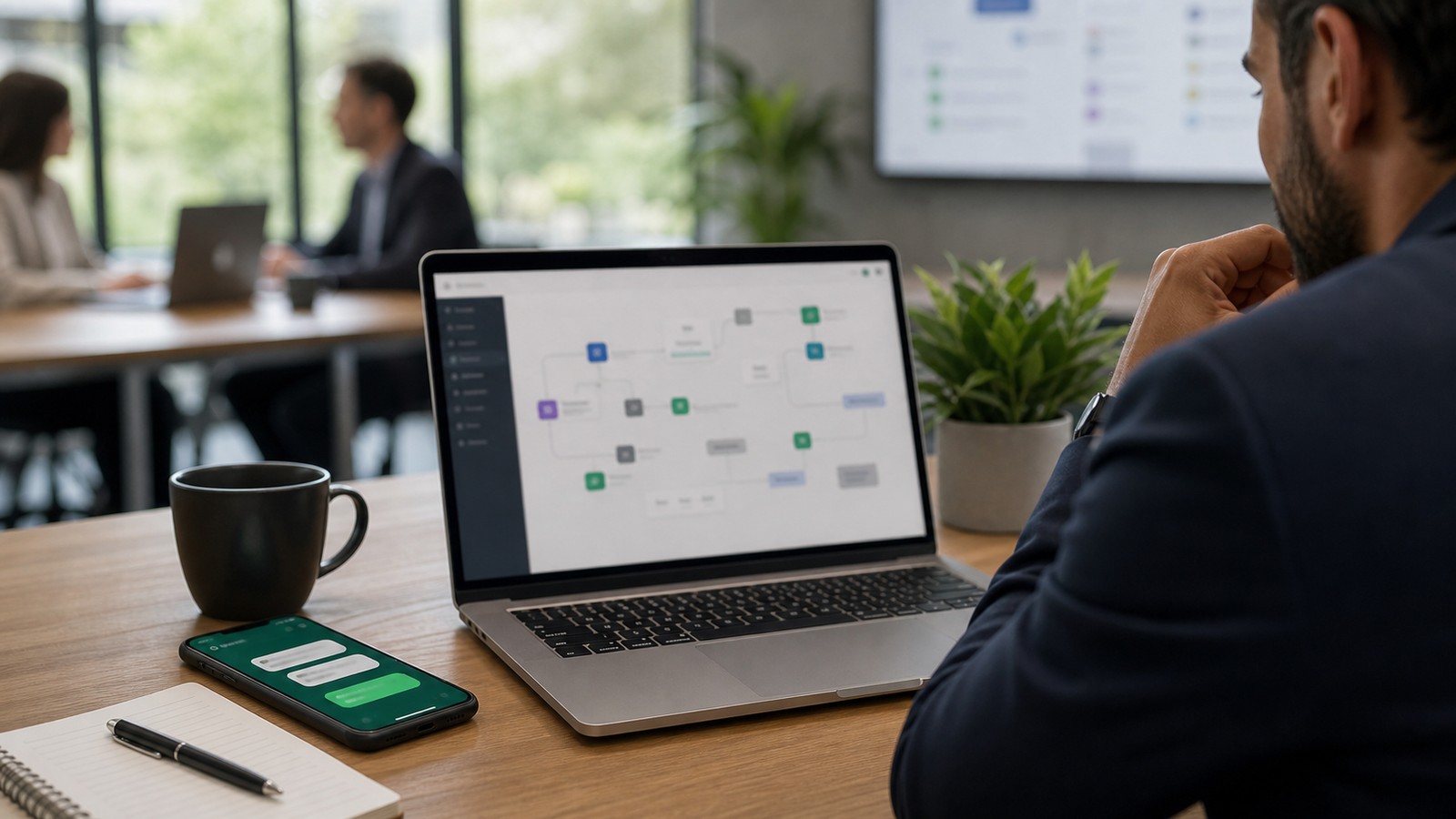 Photo réaliste dédiée à WhatsApp ai agent : guide operations dans un contexte professionnel avec smartphone, ordinateur et équipe opérationnelle.