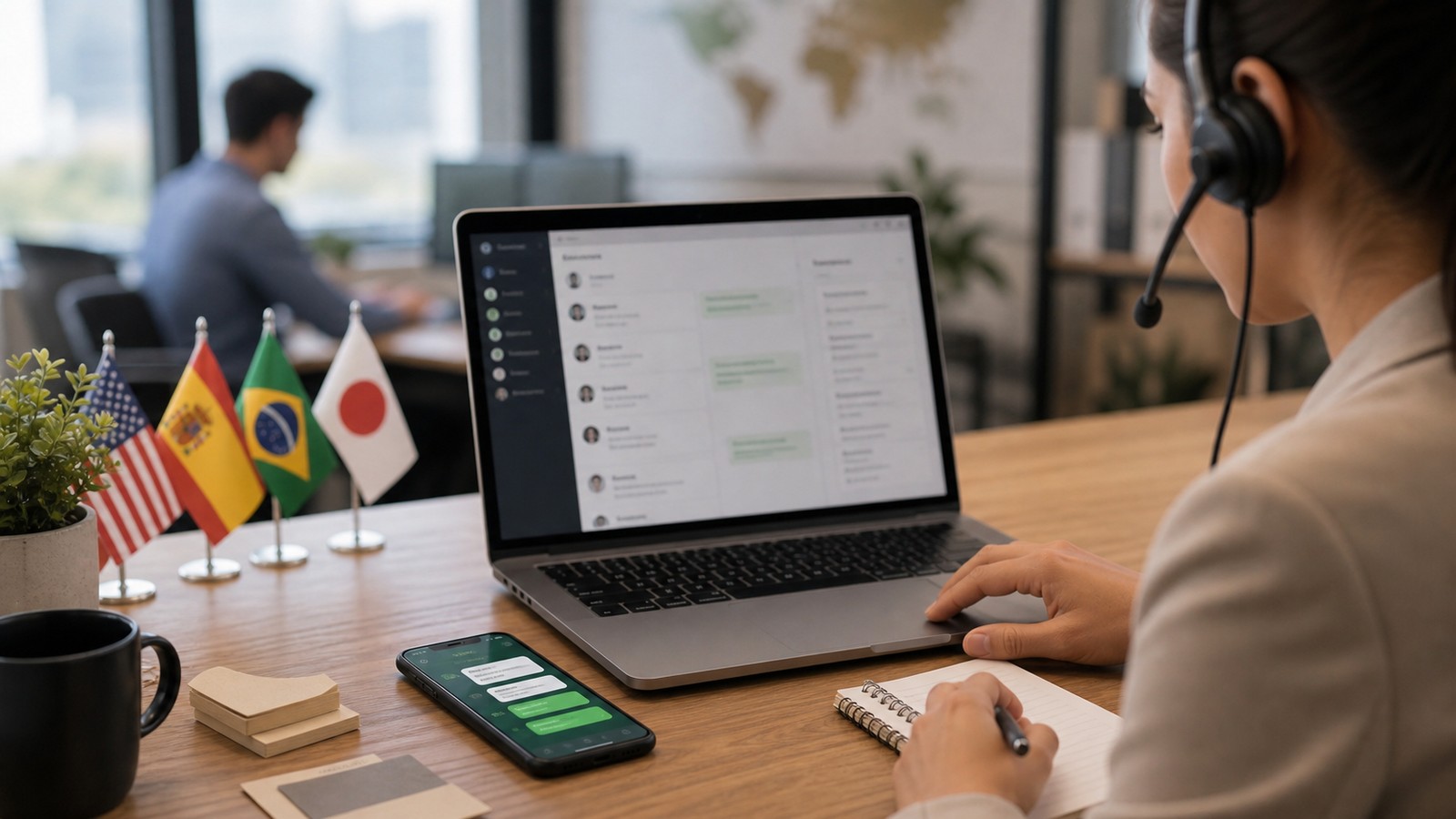 Photo réaliste dédiée à WhatsApp ai assistant : crm multilingue dans un contexte professionnel avec smartphone, ordinateur et équipe opérationnelle.