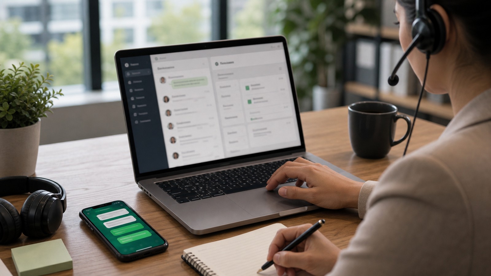 Photo réaliste dédiée à WhatsApp ai assistant : guide dans un contexte professionnel avec smartphone, ordinateur et équipe opérationnelle.