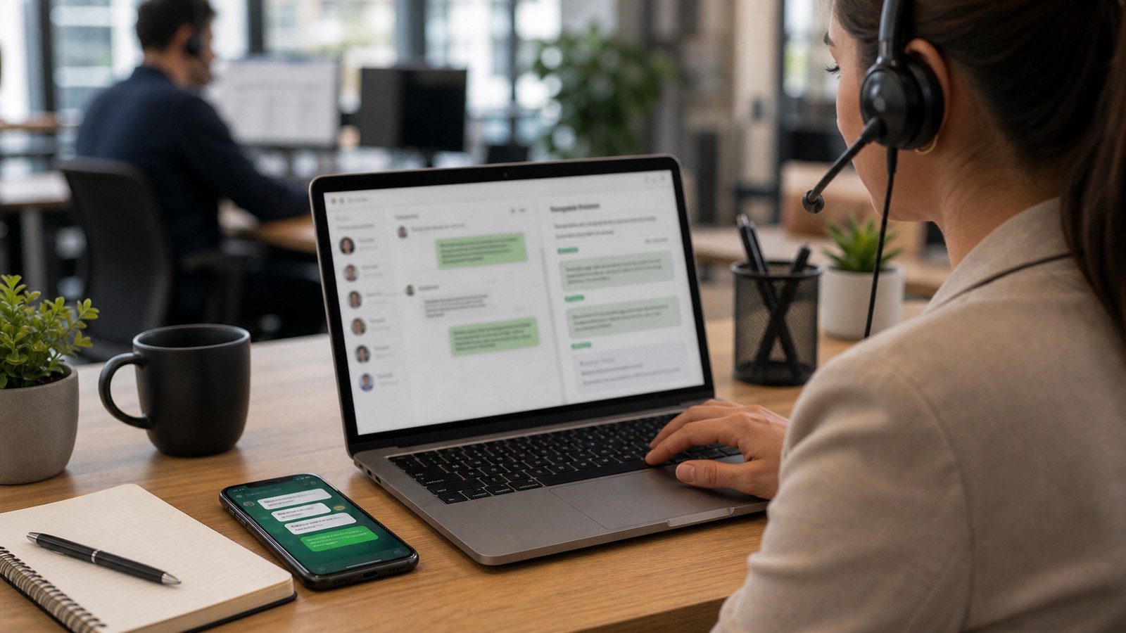 Photo réaliste dédiée à WhatsApp ai assistant : support client dans un contexte professionnel avec smartphone, ordinateur et équipe opérationnelle.