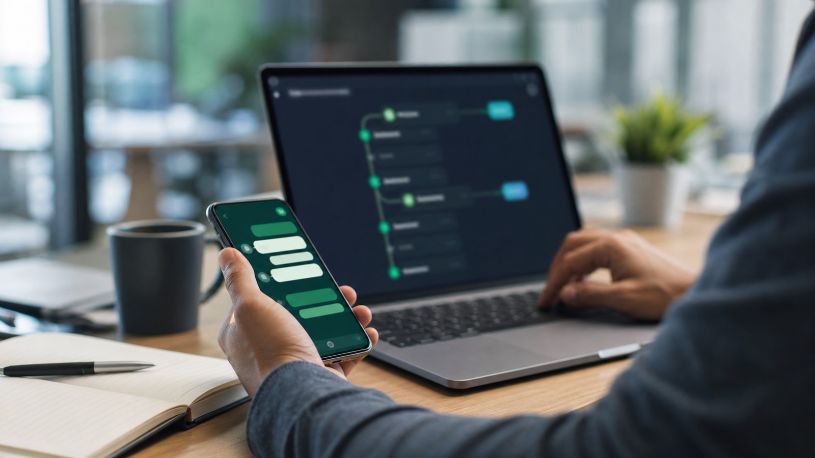 Photo réaliste dédiée à WhatsApp business api : webhooks et templates dans un contexte professionnel avec smartphone, ordinateur et équipe opérationnelle.