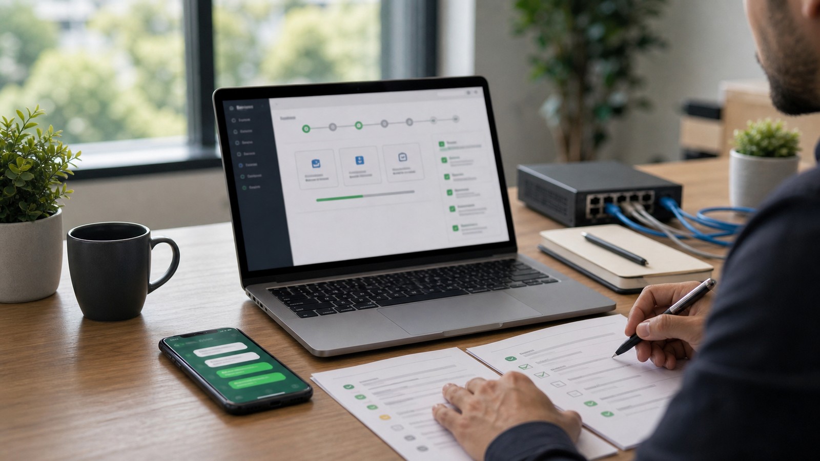 Photo réaliste dédiée à WhatsApp business solution provider : migration dans un contexte professionnel avec smartphone, ordinateur et équipe opérationnelle.