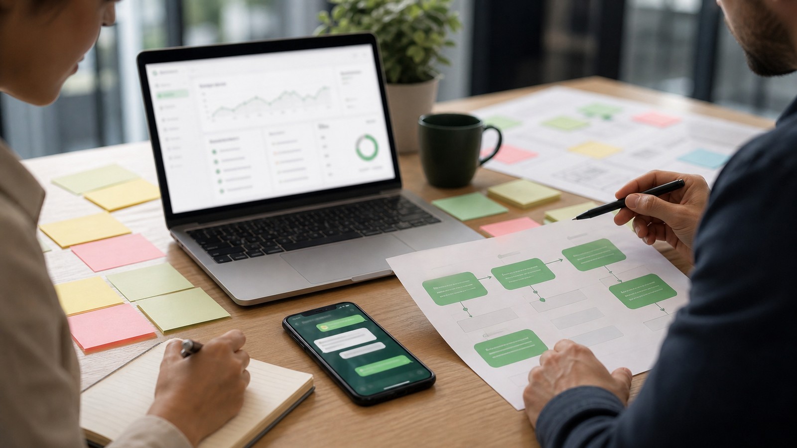 Photo réaliste dédiée à WhatsApp marketing automation : playbook dans un contexte professionnel avec smartphone, ordinateur et équipe opérationnelle.