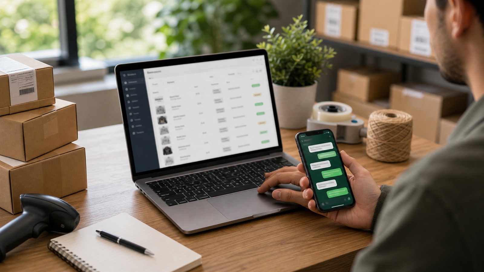 Photo réaliste dédiée à WhatsApp shopify integration : commandes dans un contexte professionnel avec smartphone, ordinateur et équipe opérationnelle.