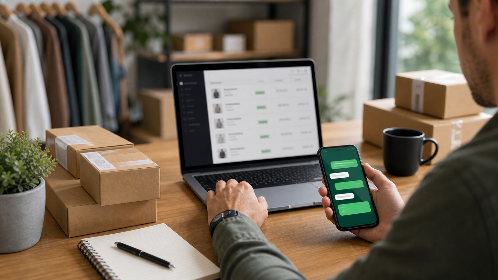 Photo réaliste dédiée à WhatsApp shopify integration : guide dans un contexte professionnel avec smartphone, ordinateur et équipe opérationnelle.