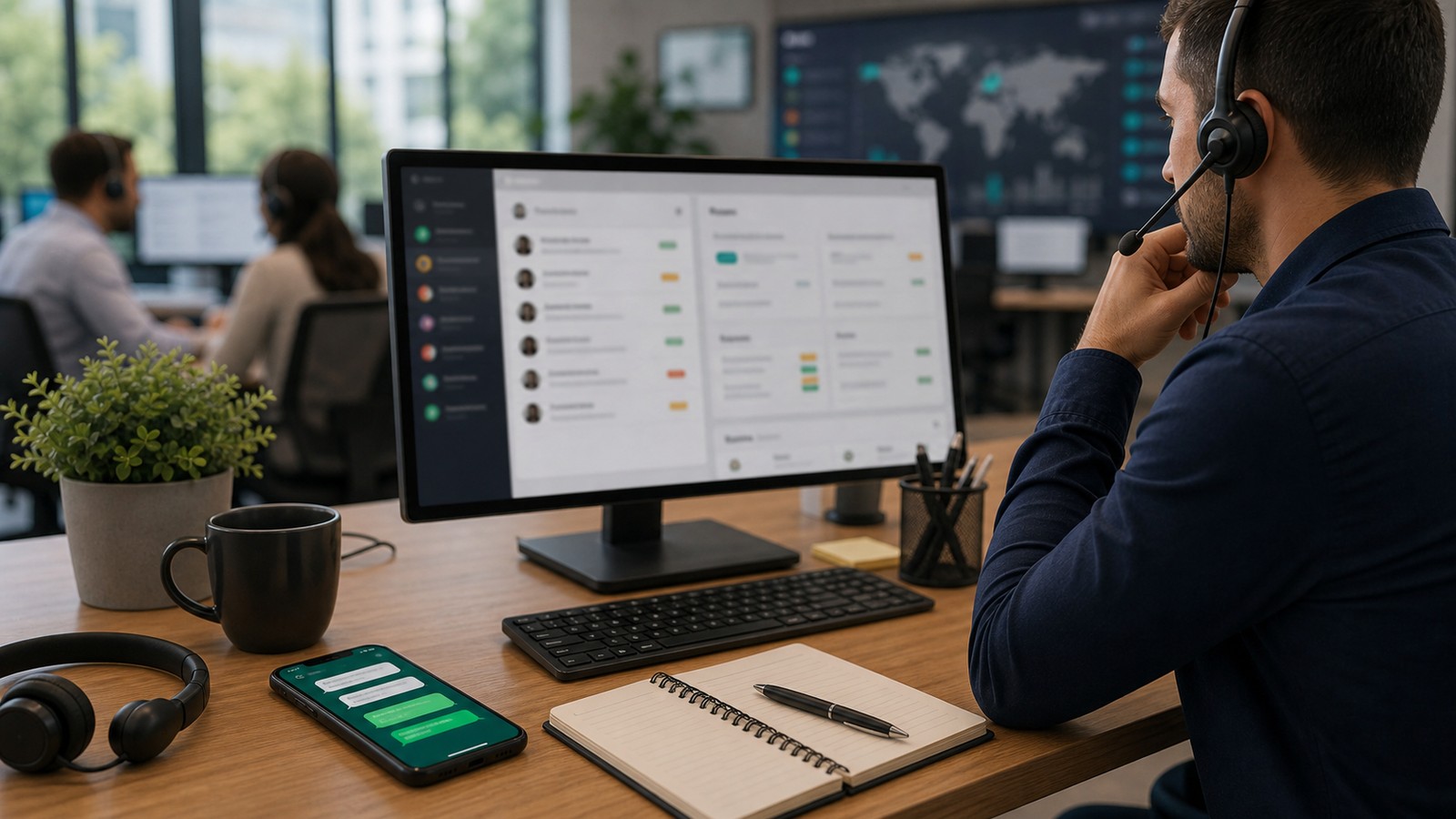 Photo réaliste dédiée à WhatsApp team inbox : routage sla dans un contexte professionnel avec smartphone, ordinateur et équipe opérationnelle.